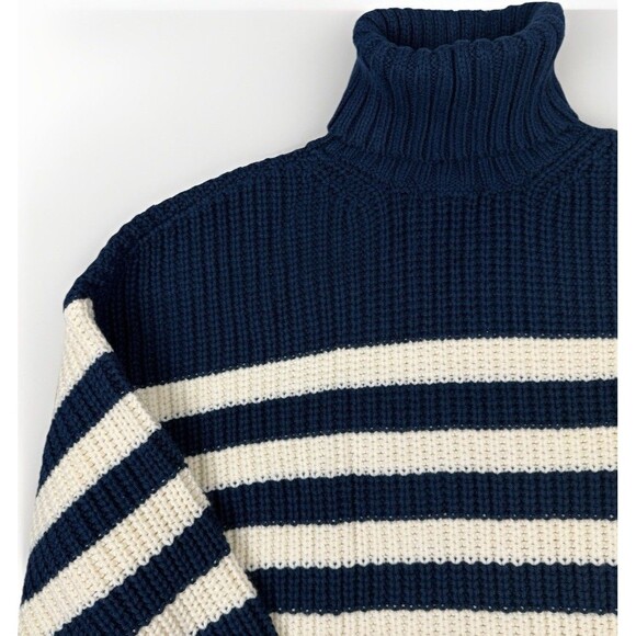 Madewell Chunky Knit Turtleneck Sweater Womans Medium Navy Ivory Nautical Stripe - Picture 3 of 8